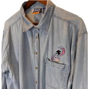 Disney Winnie the Pooh Women's 22W Denim Shirt Eeyore Embroidered Cotton Casual